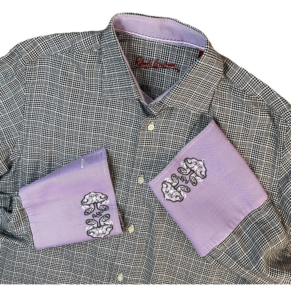 Robert Graham Mens Dress Shirt Sz M 15.5 Geometric Flip Cuff Long‎ Sleeve Black